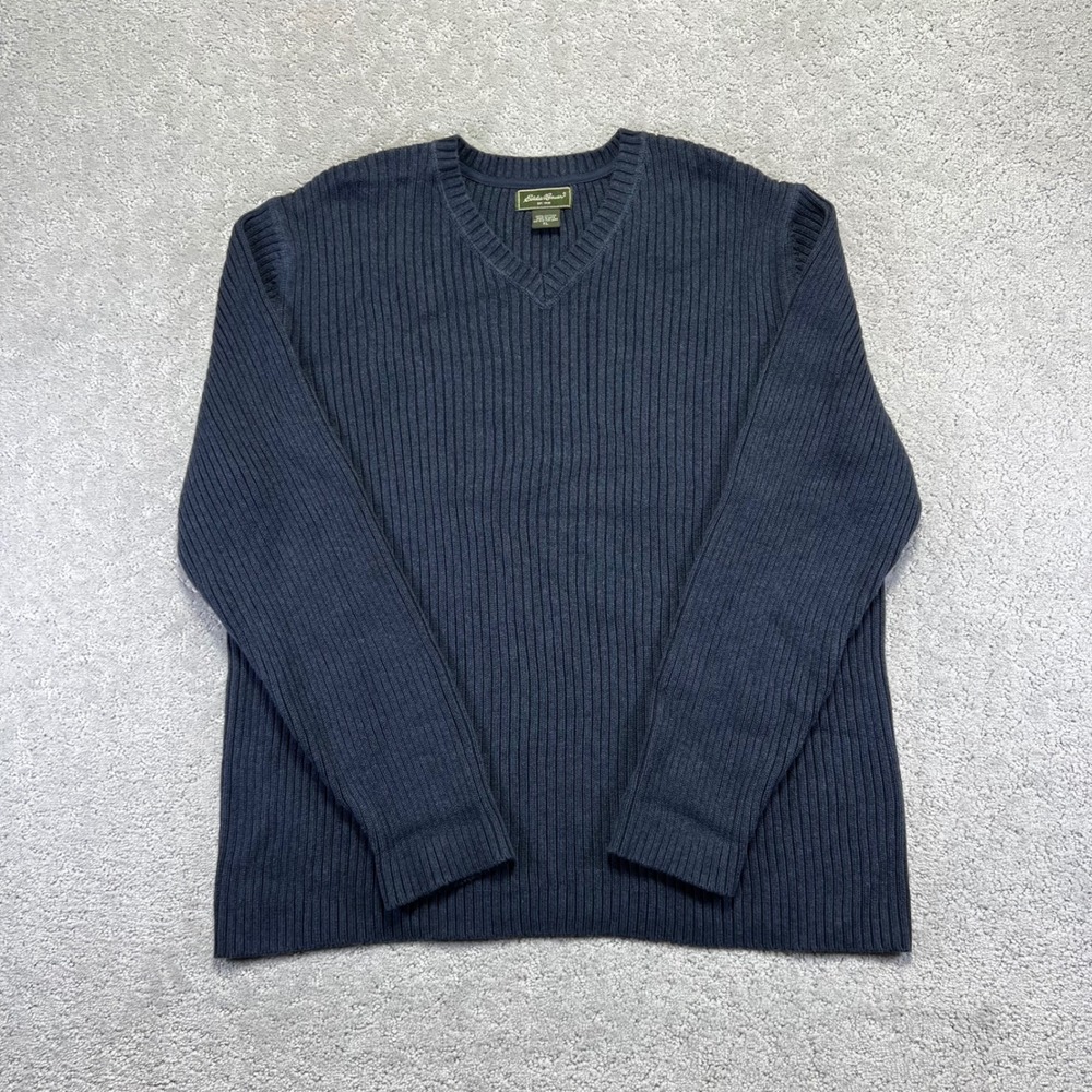Eddie Bauer Sweater Mens XL Navy Blue Ribbed V-Neck 100% Cotton Heavy Chunky